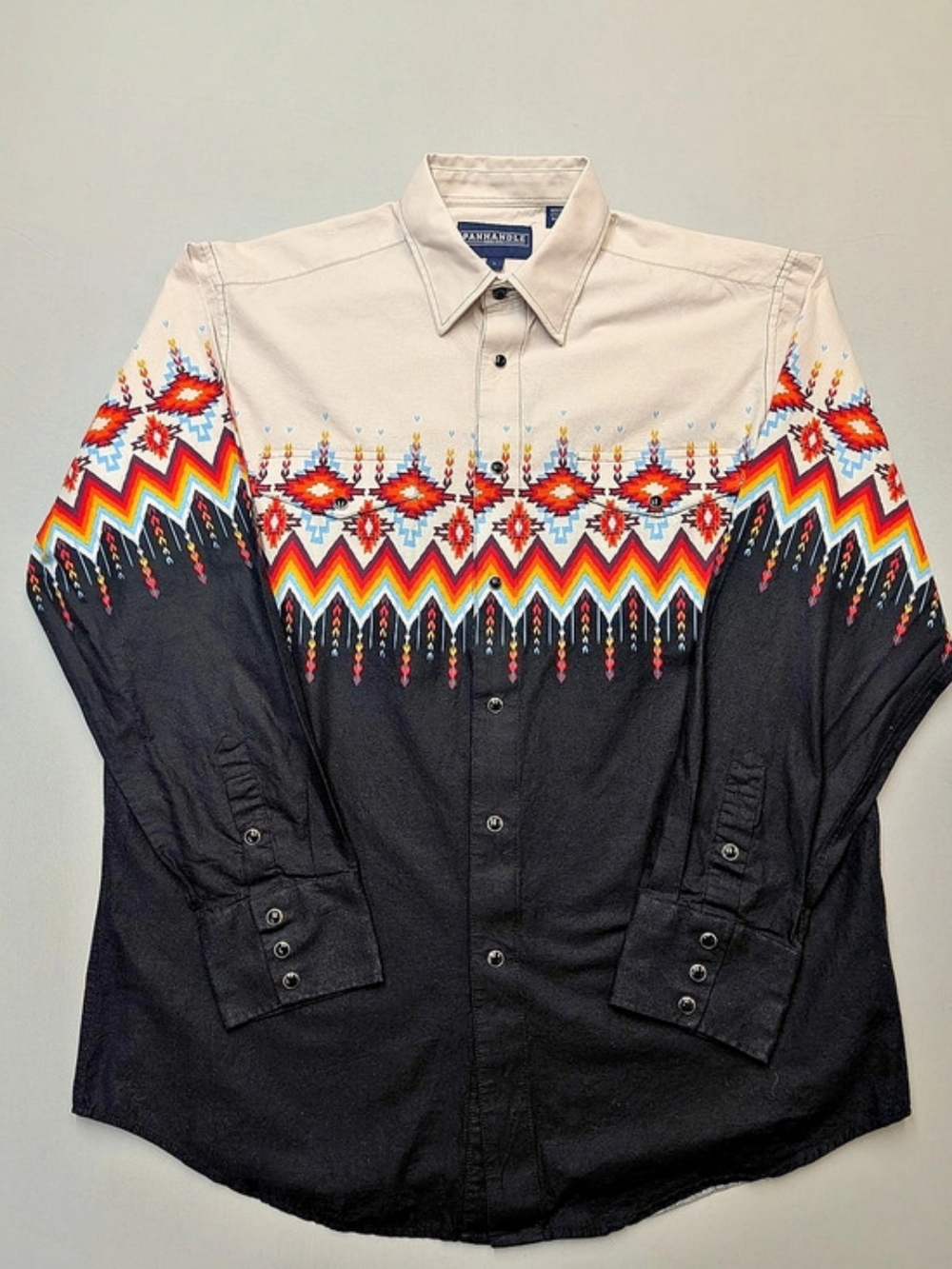 Panhandle Aztec Border Shirt Men’s Large Long-Sleeve Pearl Snap Cowboy Western